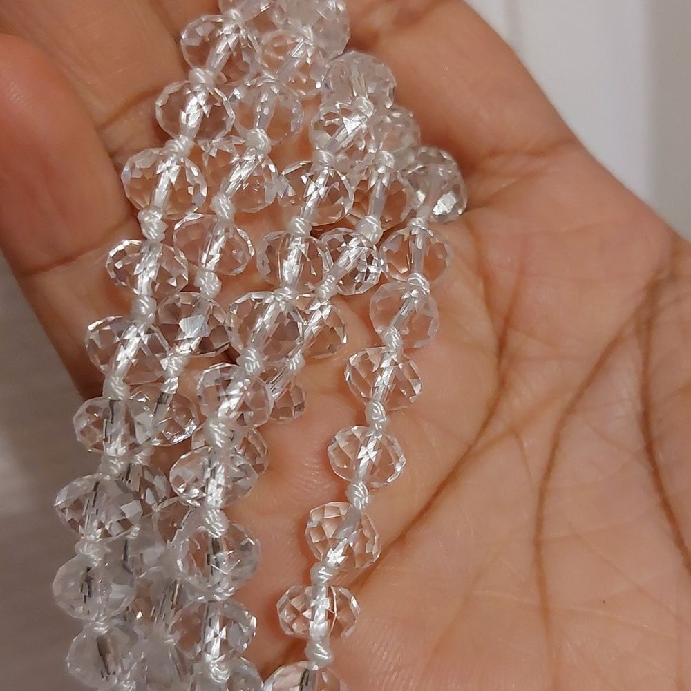 Clear Faceted Beads Beaded on White Cord Extra Long Flapper Necklace - Picture 6 of 6